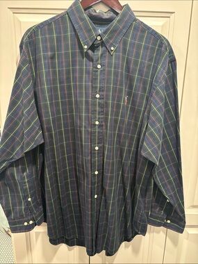 Ralph Lauren Navy Plaid Button-Down Shirt with Green & Red Lines